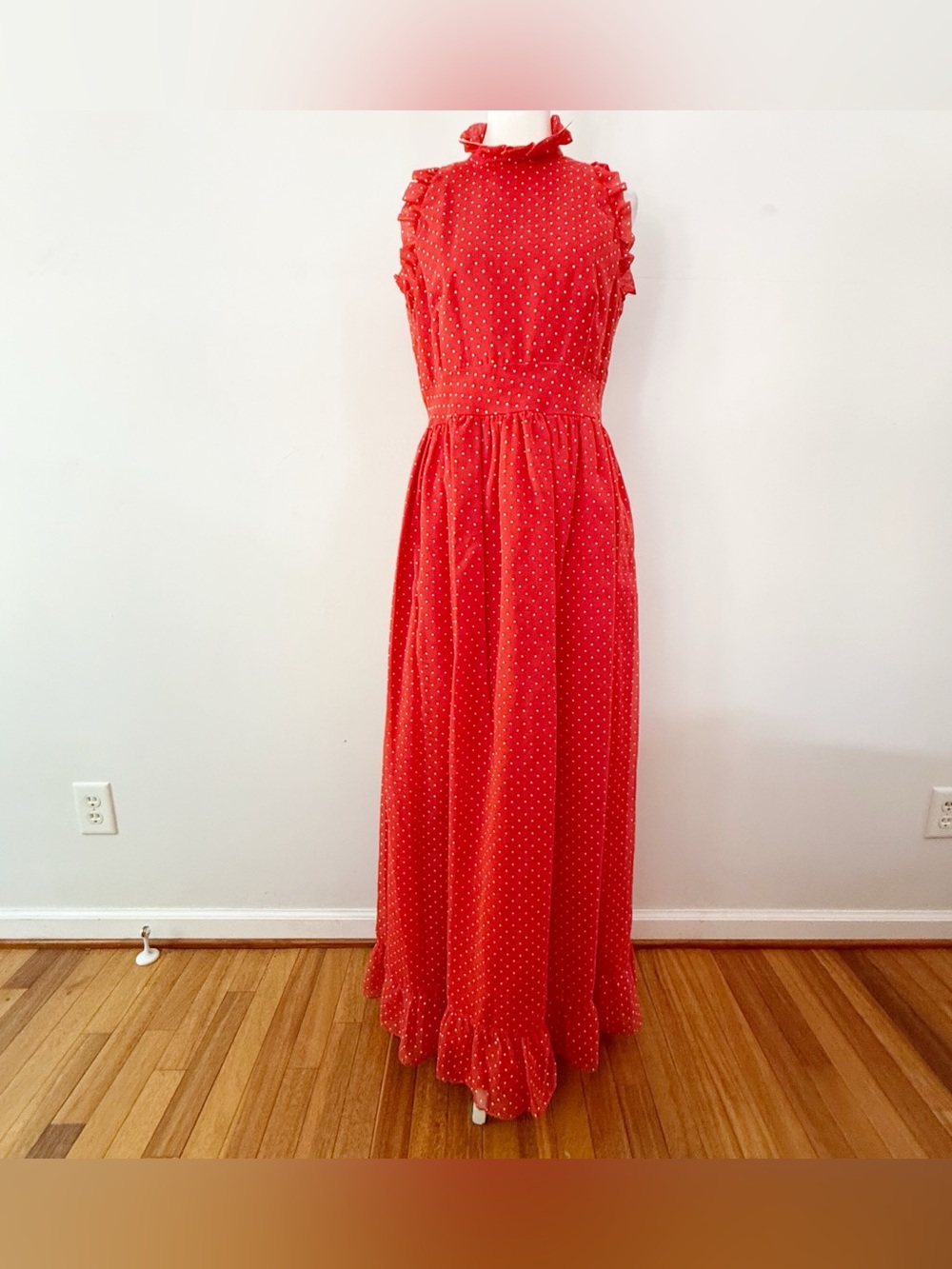 NWT Vintage Women 50s 60s Polka Dot Ruffle Maxi Dress Cottagecore Romantic Red